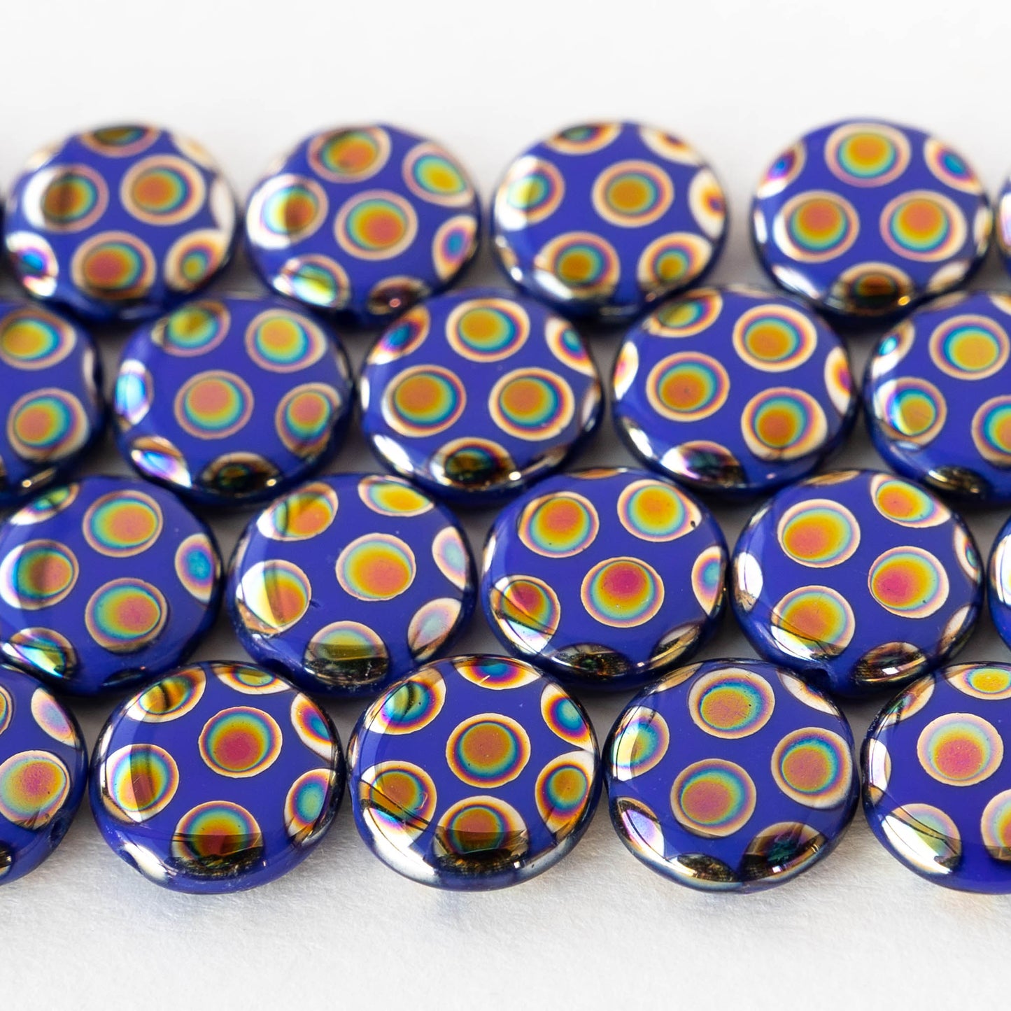 11mm Glass Coin - Blue With Peacock Finish - 4 beads