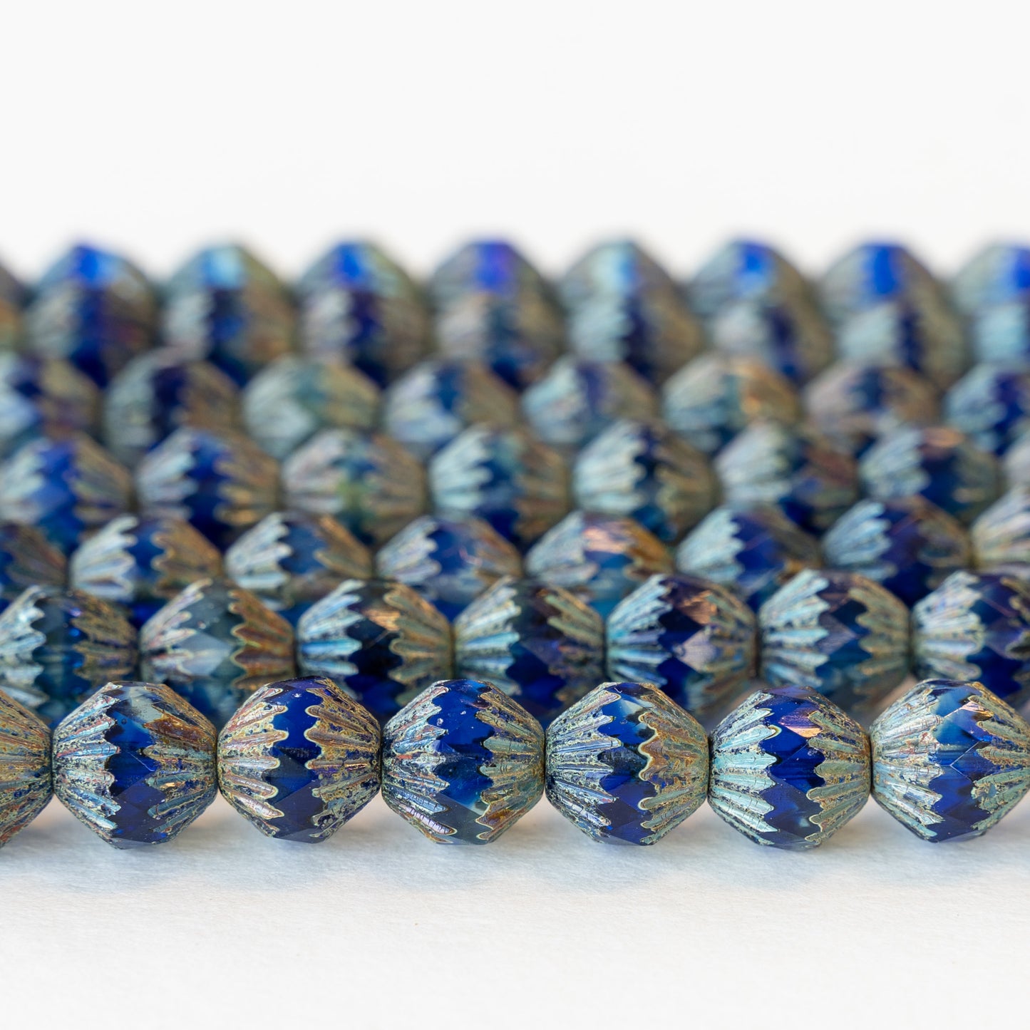 11mm Glass Bicone Beads - Blue with Picasso Finish - 12 Beads