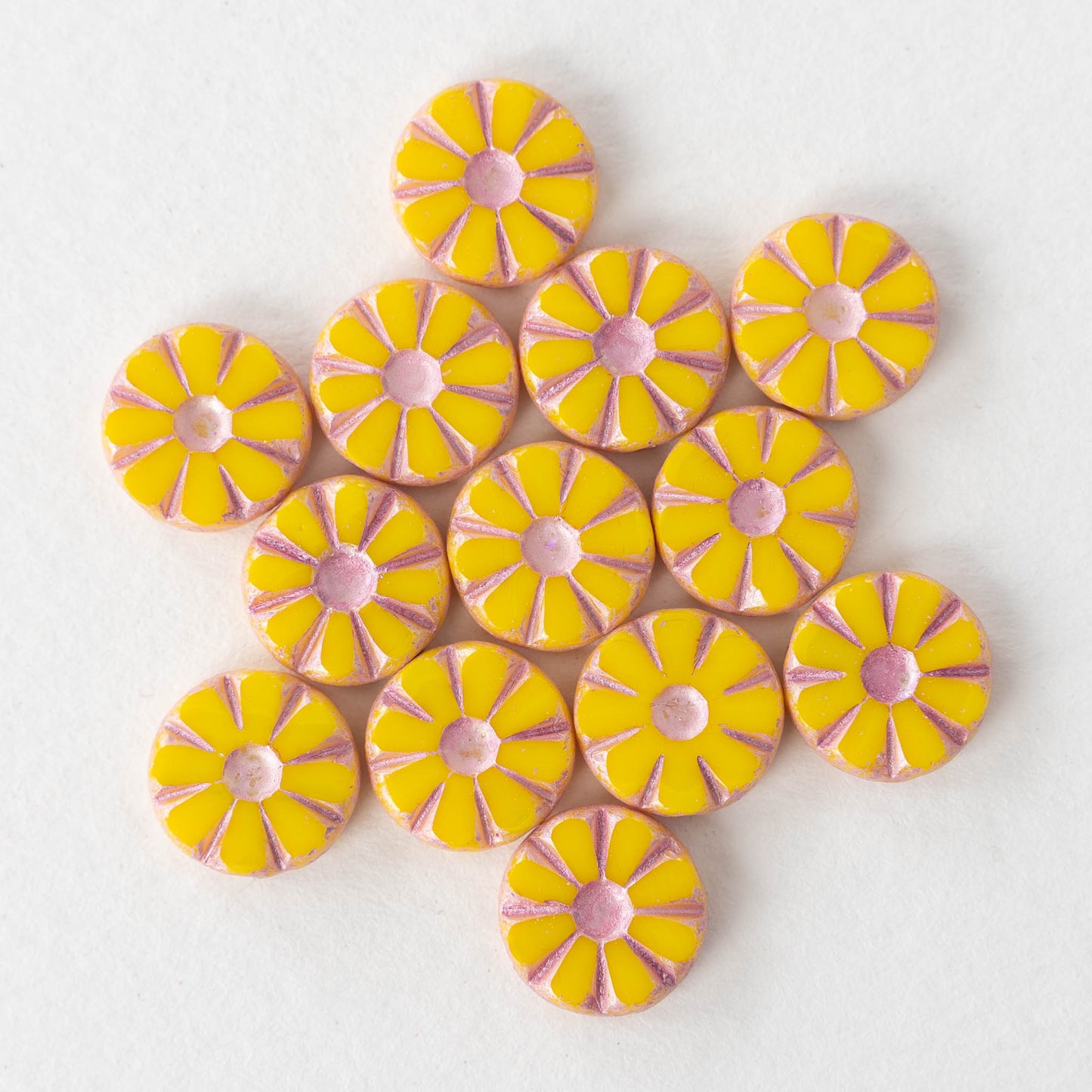 12mm Flower Coin Beads - Yellow with Pink Wash - 10