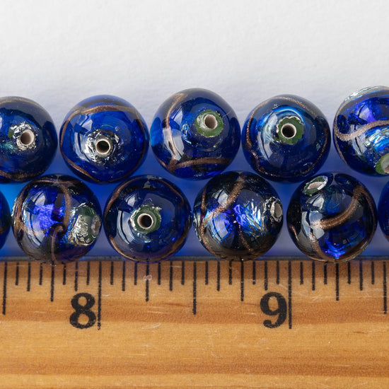 12mm Handmade Lampwork Foil Beads - Cobalt - 2,4 or 8