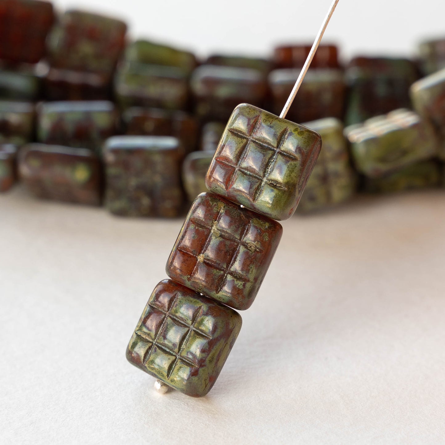 Glass Tile Bead - Picasso Redish and Greenish - 10 beads