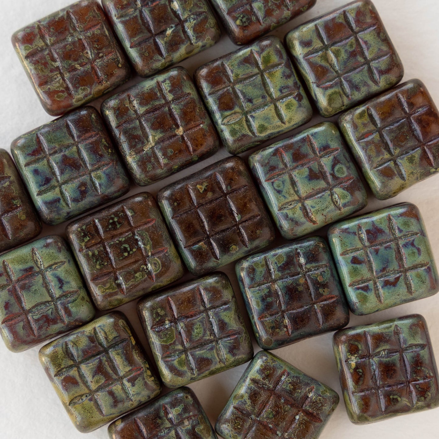 Glass Tile Bead - Picasso Redish and Greenish - 10 beads
