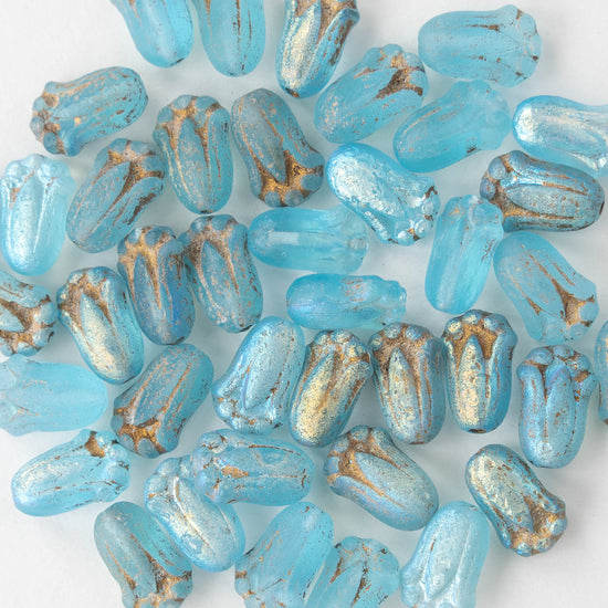 Glass Tulip Flower Beads - Etched Light Blue AB - 20