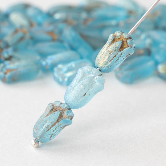 Glass Tulip Flower Beads - Etched Light Blue AB - 20