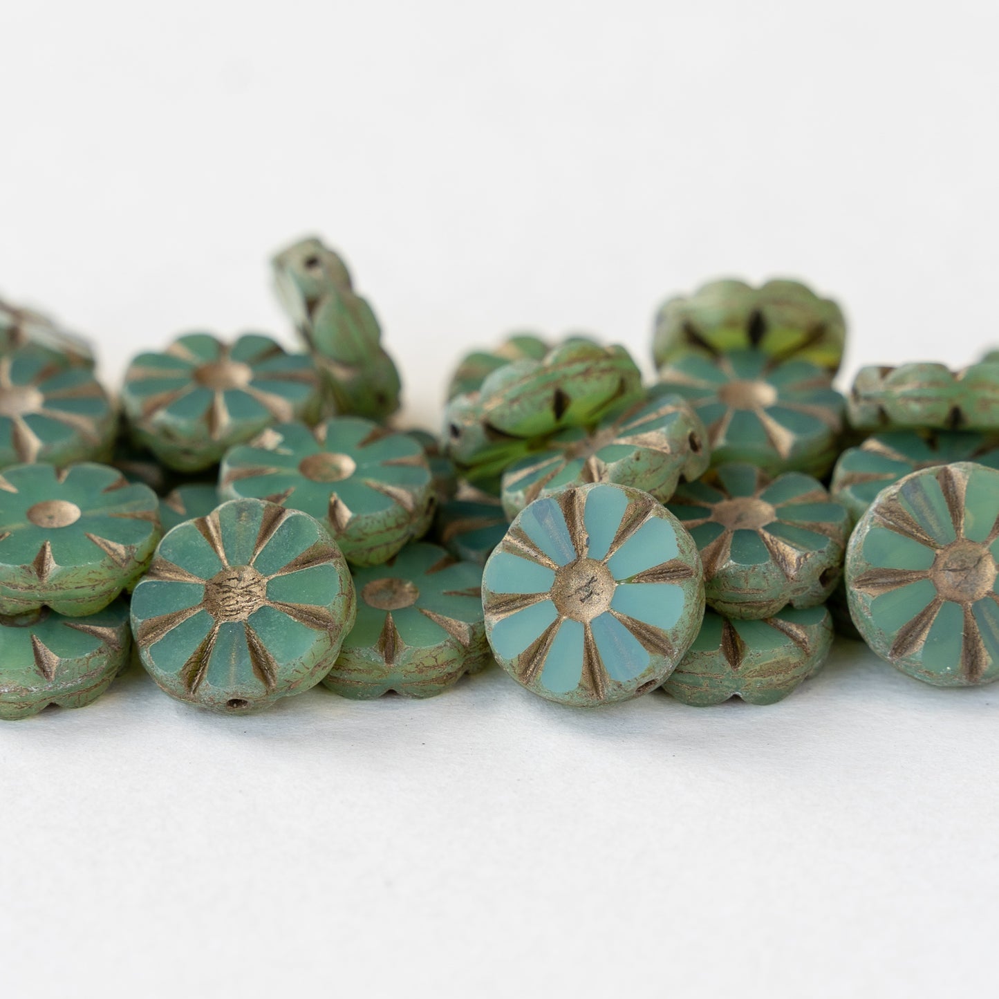 12mm Coin Beads - Sage Green with Gold Wash - 10 or 30 Beads
