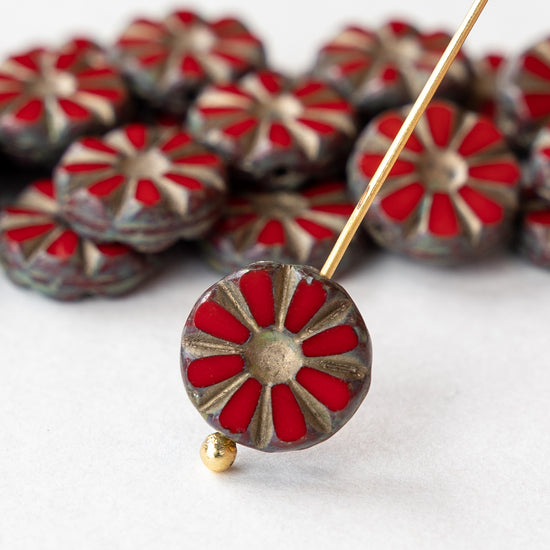12mm Coin Beads - Opaque Red with Gold Wash -10 or 30 Beads