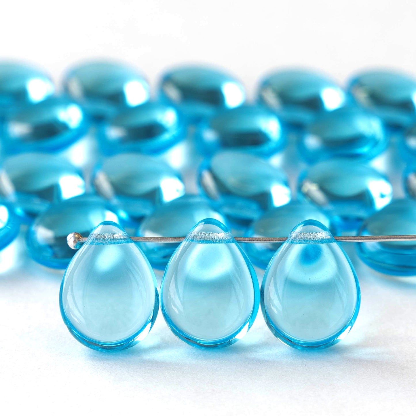 12x16mm Flat Glass Teardrop Beads - Aqua - 10 or 20 Beads