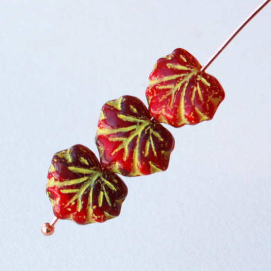 Czech Glass Leaf Beads - Two Tone Red - 10 beads