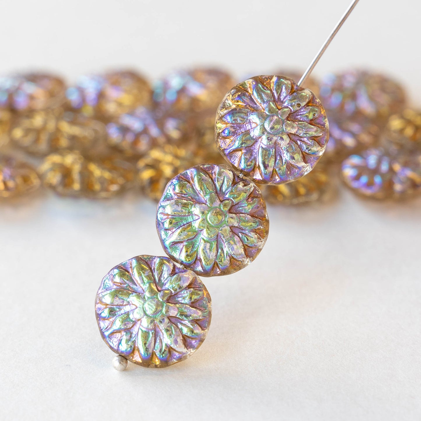 14mm Dahlia Flower Beads - Crystal AB with Gold Wash - 10 Beads
