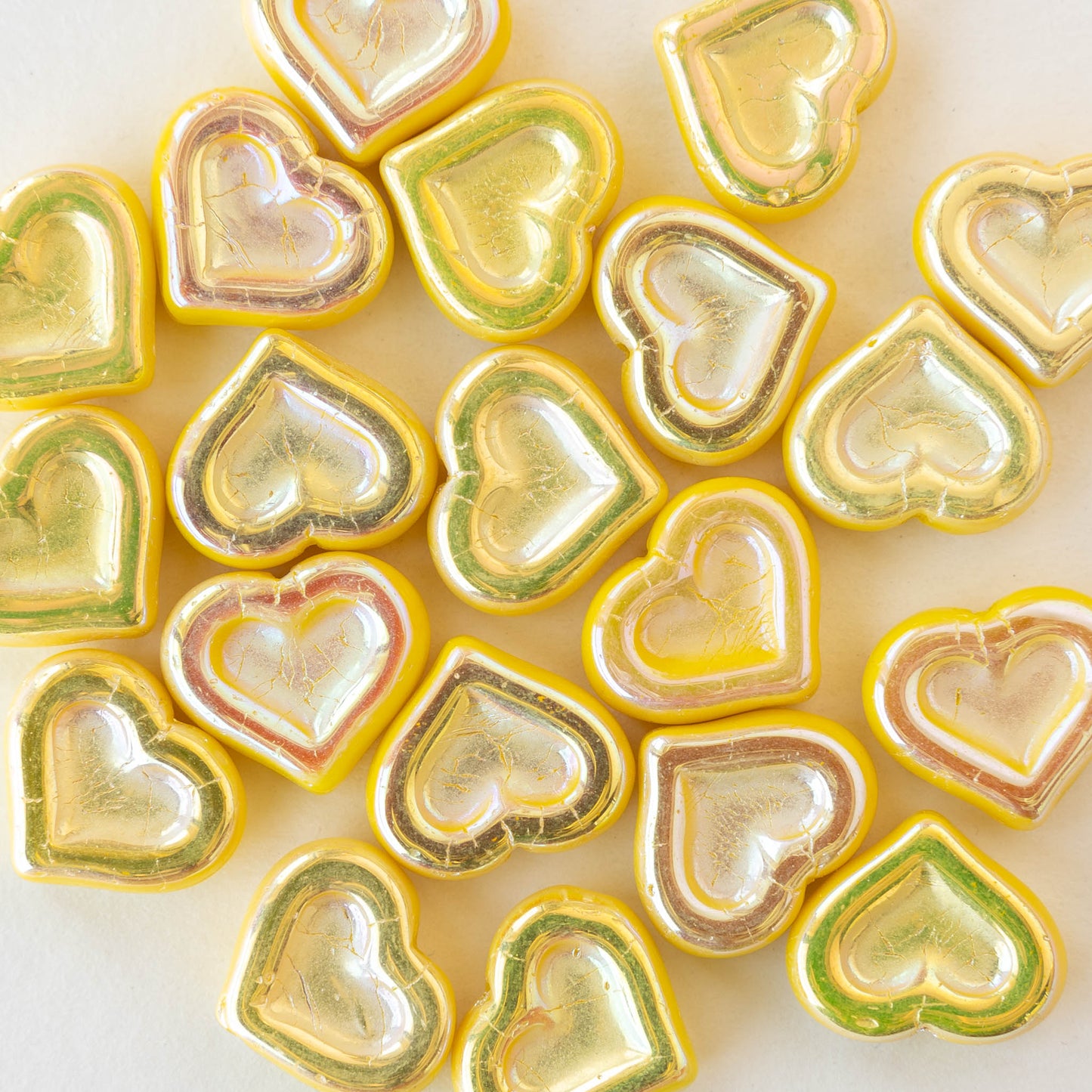 14mm Heart Beads - Mellow Yellow Iridescent AB - 10 hearts