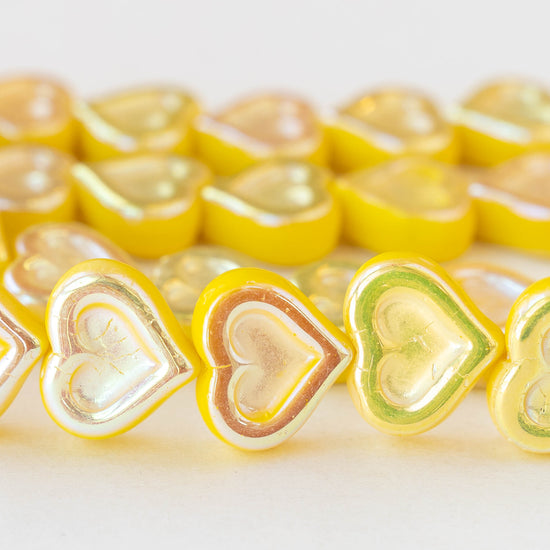 14mm Heart Beads - Mellow Yellow Iridescent AB - 10 hearts