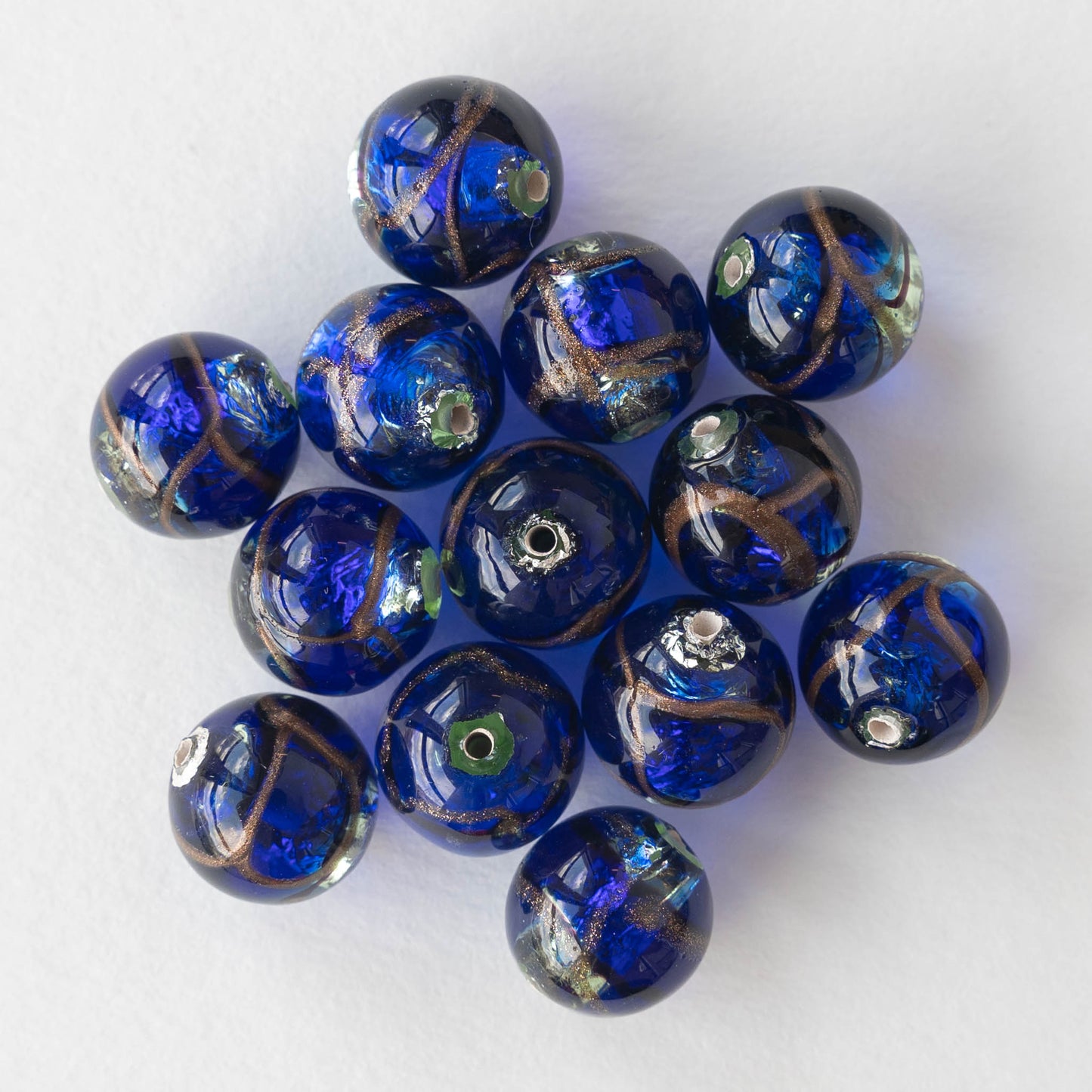 14mm Handmade Lampwork Foil Beads - Cobalt Blue - 2, 4 or 8