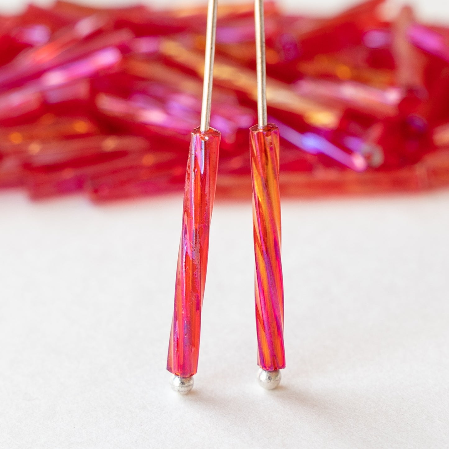 15mm Twisted Bugle Beads - Magenta AB - 200 Beads