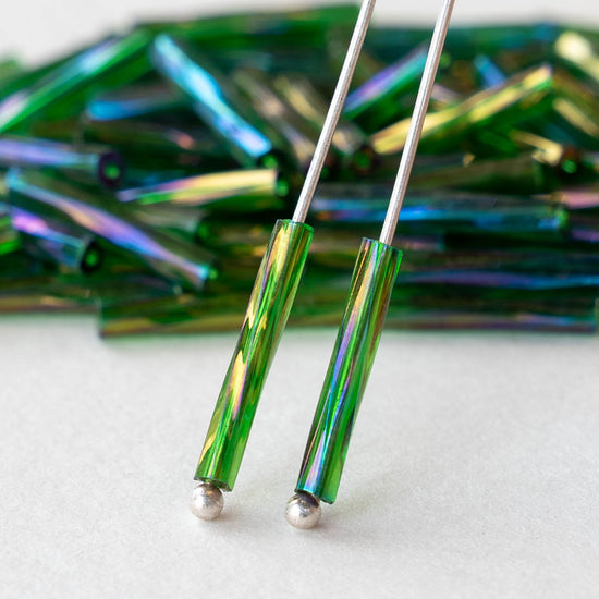 15mm Twisted Bugle Beads - Transparent Emerald Green Iris - 200 Beads