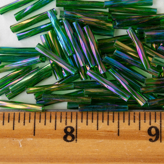 15mm Twisted Bugle Beads - Transparent Emerald Green Iris - 200 Beads