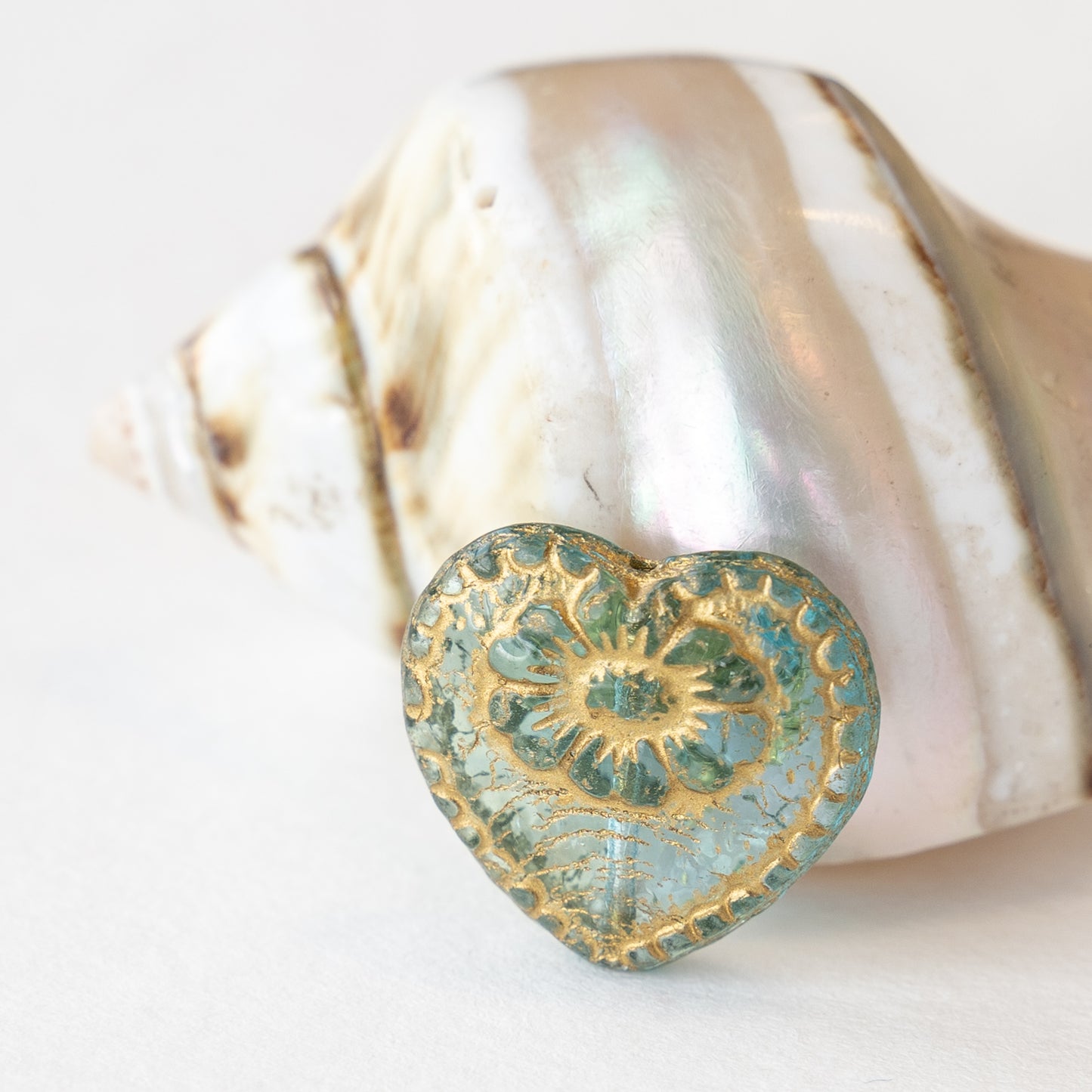 17mm Victorian Glass Heart Beads - Aqua with Gold Wash - 4 or 12