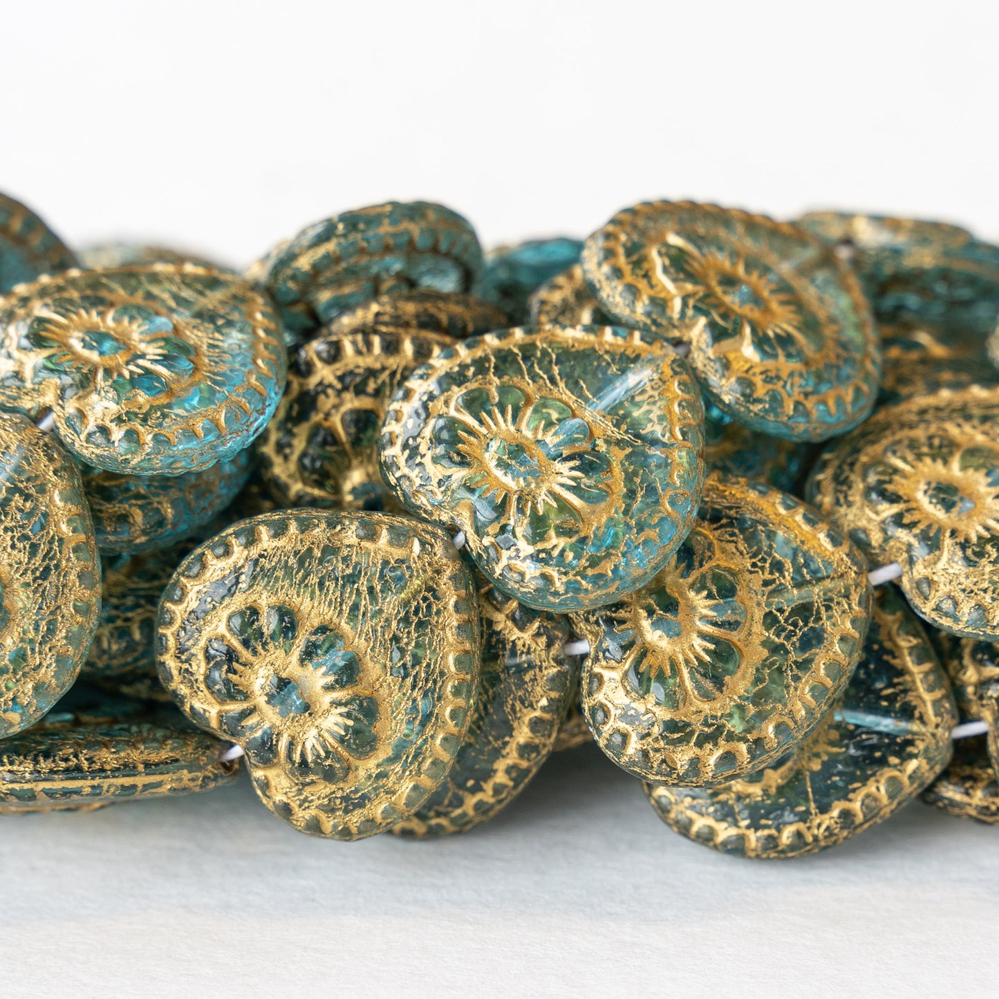 17mm Victorian Glass Heart Beads - Aqua with Gold Wash - 4 or 12
