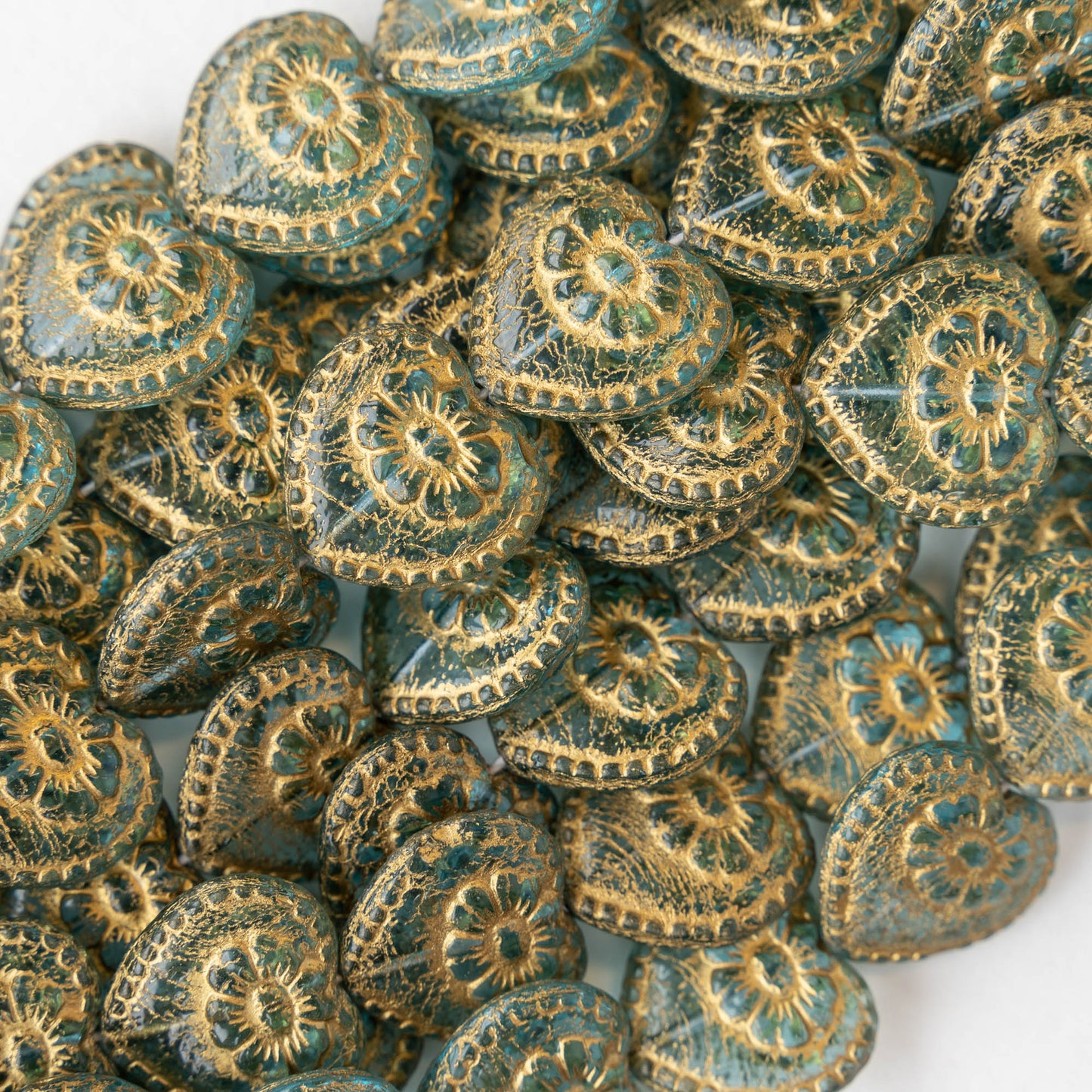 17mm Victorian Glass Heart Beads - Aqua with Gold Wash - 4 or 12