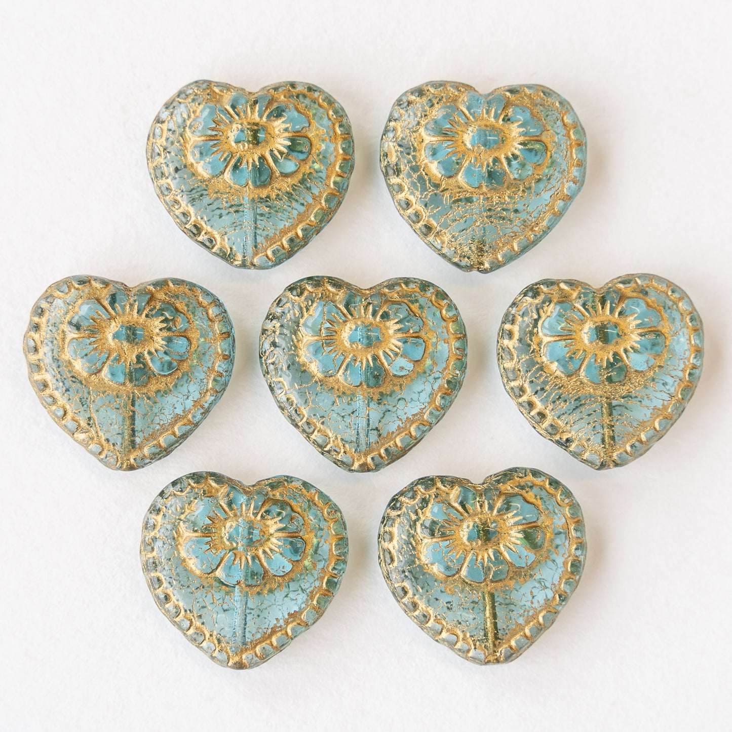 17mm Victorian Glass Heart Beads - Aqua with Gold Wash - 4 or 12