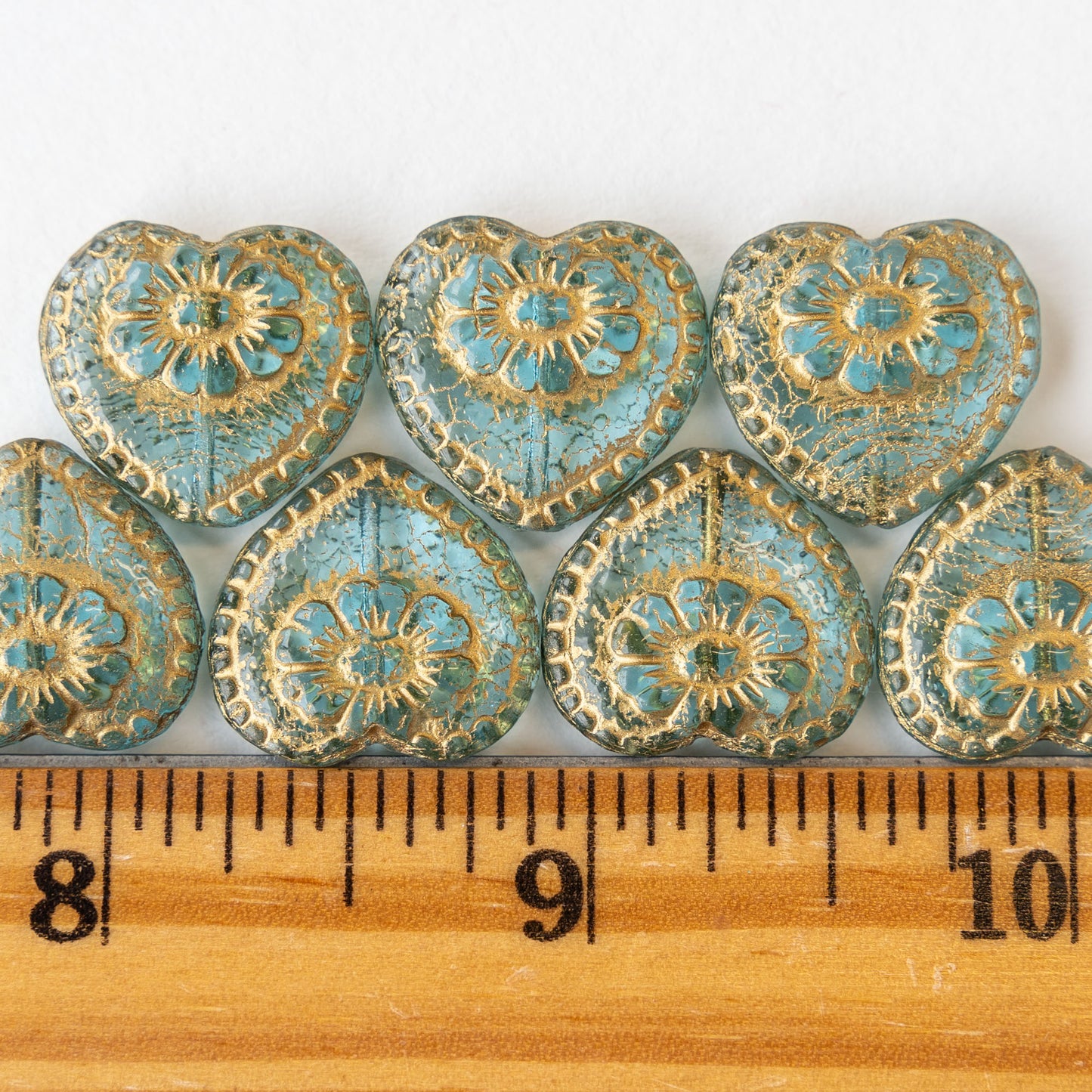 17mm Victorian Glass Heart Beads - Aqua with Gold Wash - 4 or 12