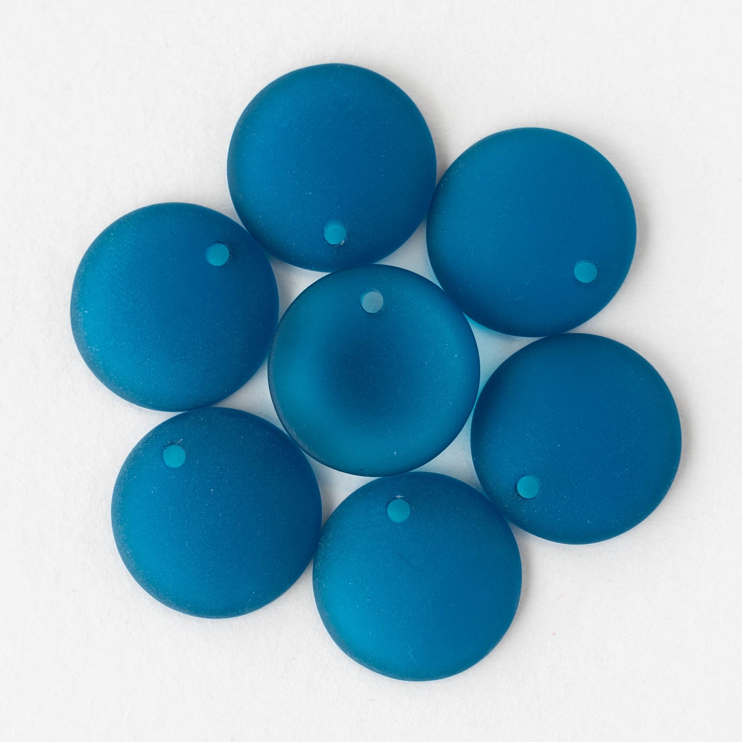 Frosted Glass Coin Pendants - Teal - 6 beads