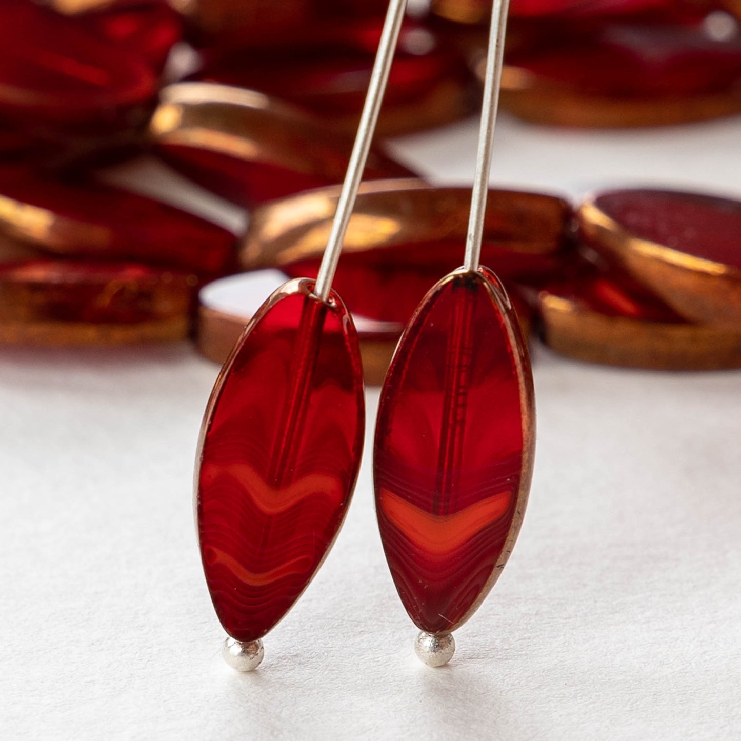 18mm Glass Spindle Beads - Red with Bronze Edges - 10 beads