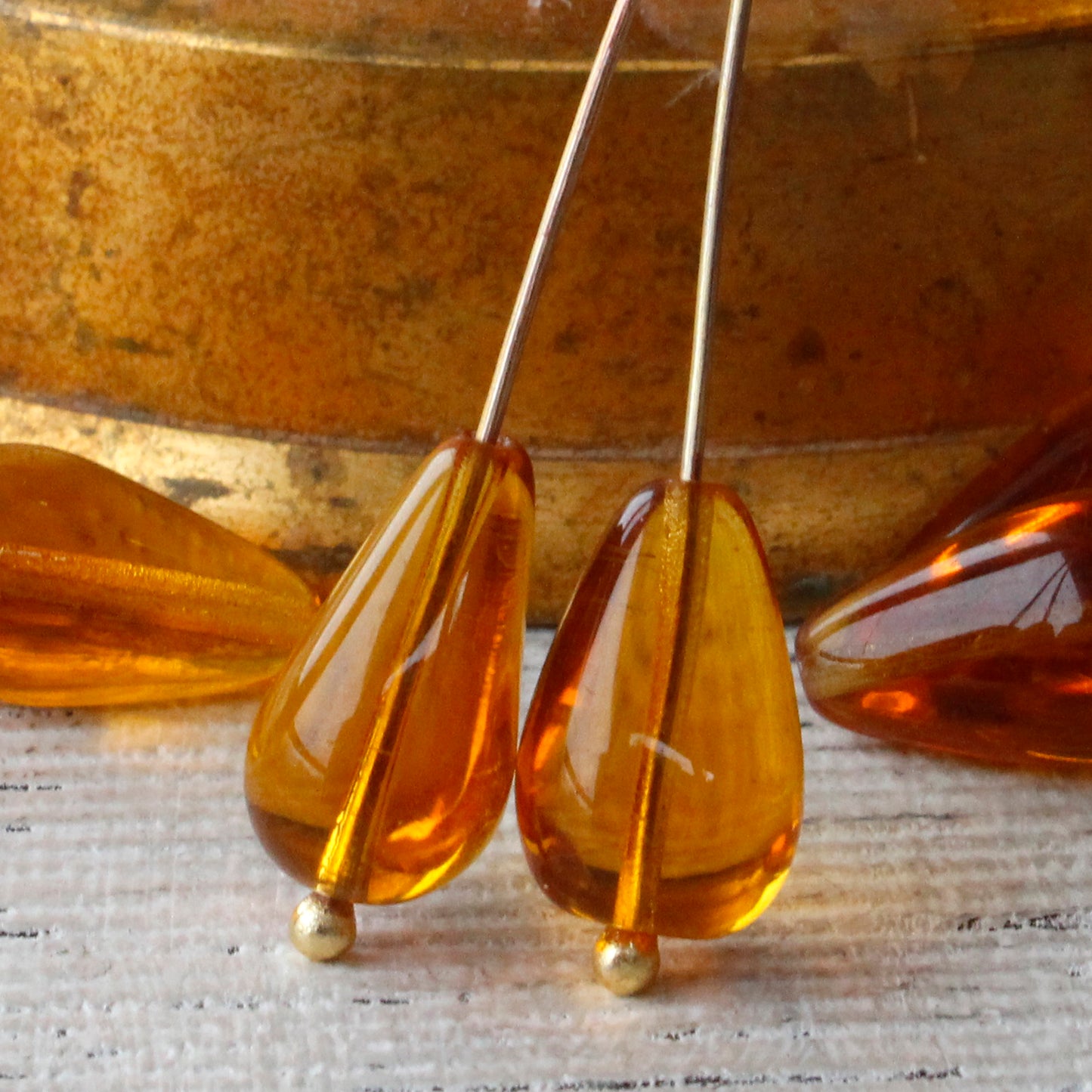 11x18mm Long Drilled Drops - Light Amber - 30 Beads