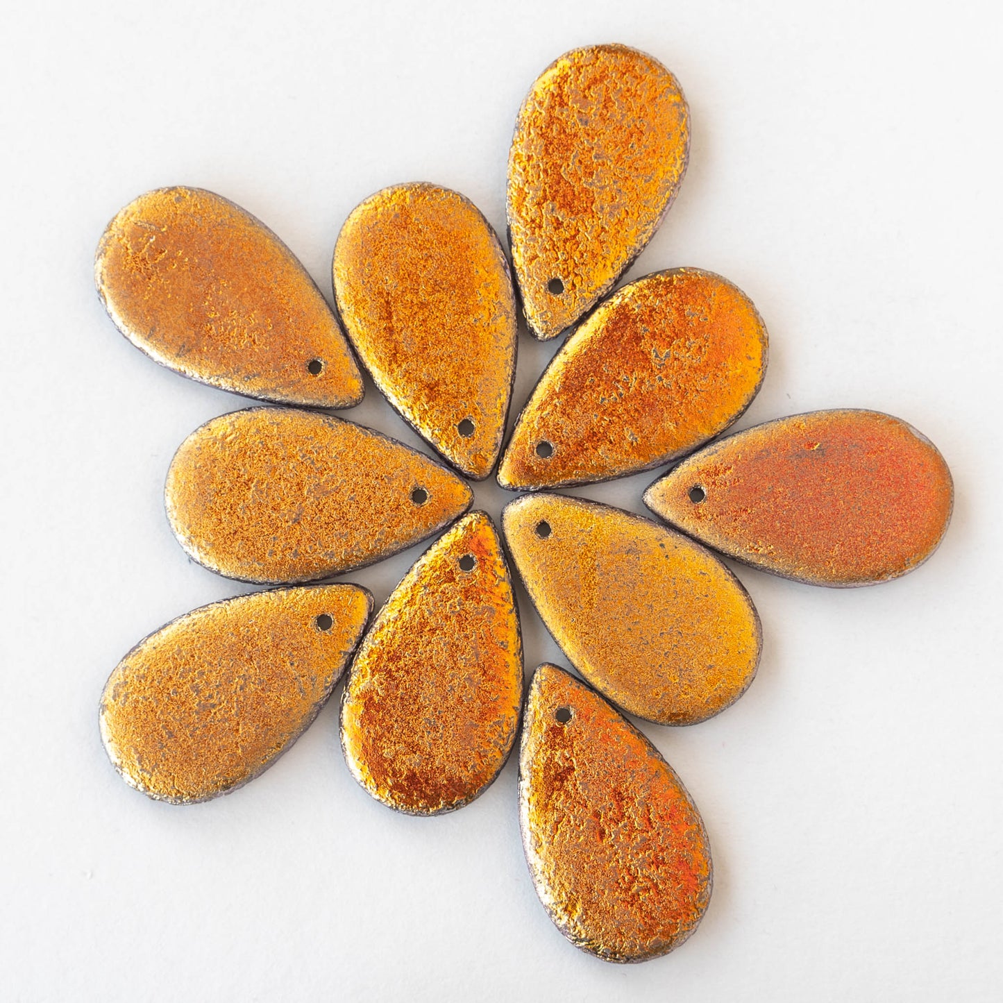 30x18mm Large Flat Teardrop Beads - Etched Flame Orange - 10 Beads