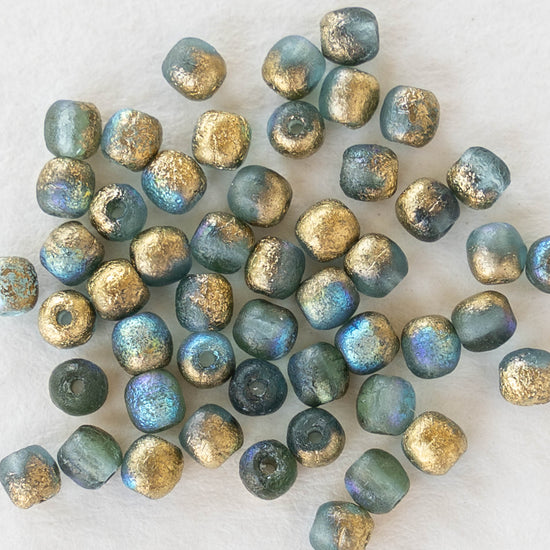 3mm Round Glass Beads - Etched Aqua Blue with AB and Gold - 50 Beads
