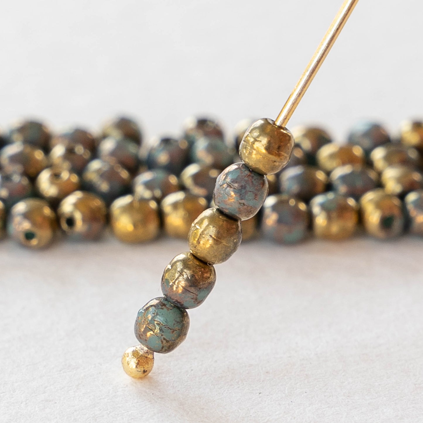 3mm Round Glass Beads - Teal with Gold Finish - 50 Beads