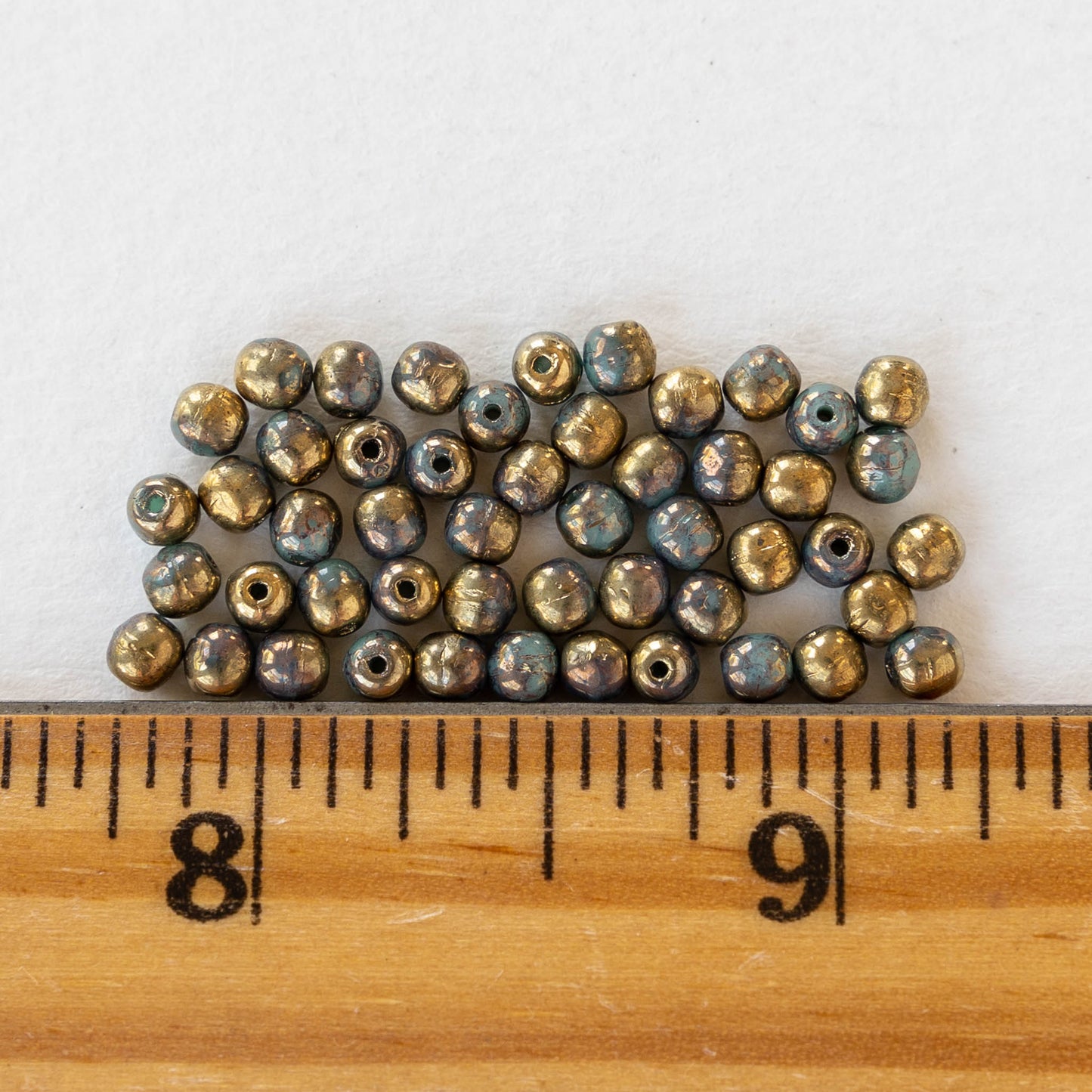 3mm Round Glass Beads - Teal with Gold Finish - 50 Beads