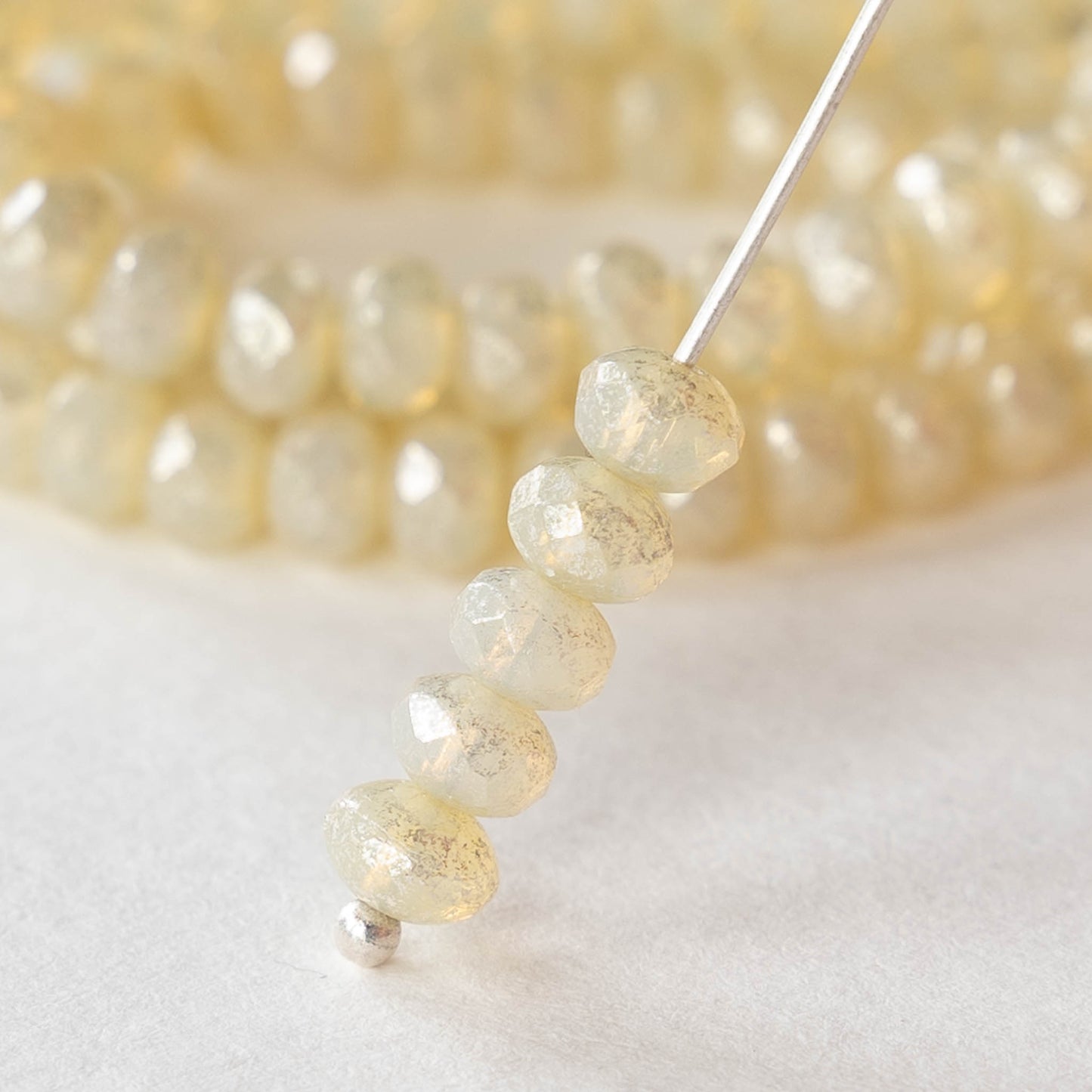 3x5mm Firepolished Rondelles - Ivory with a Mercury Finish - 30 beads