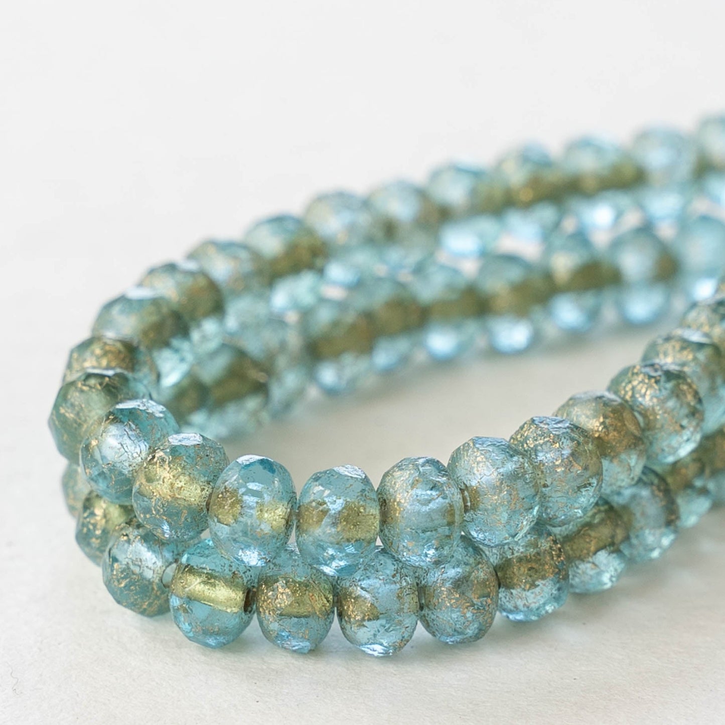 3x5mm Rondelle - Baby Blue Etched Finish with Gold Wash - 30 Beads