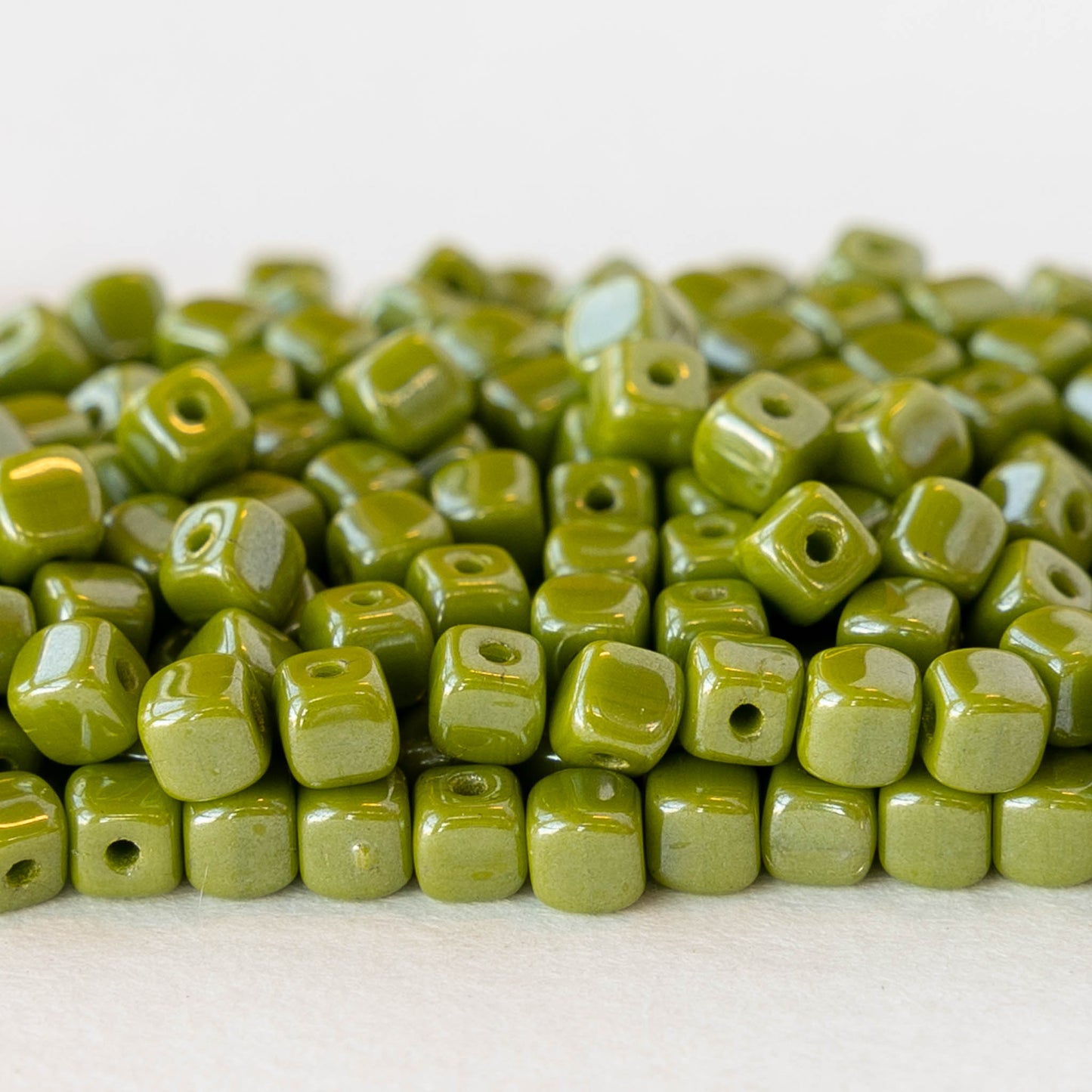 4mm Glass Cube Beads - Olive Green Luster - 100 beads