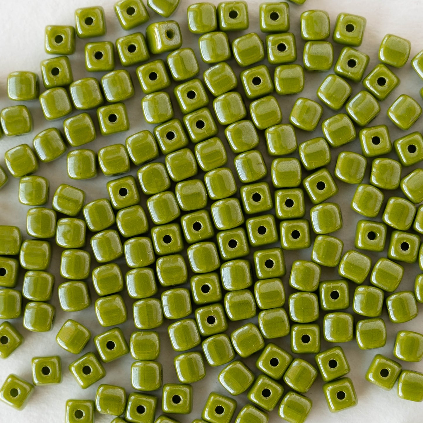 4mm Glass Cube Beads - Olive Green Luster - 100 beads