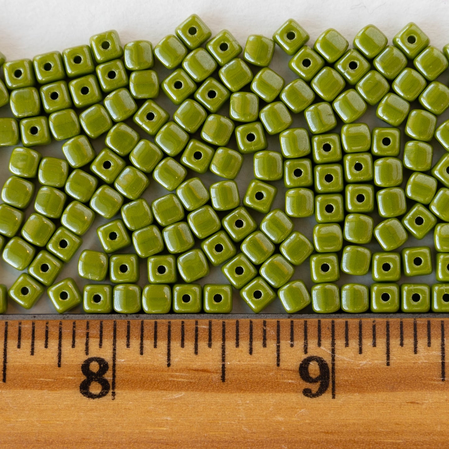 4mm Glass Cube Beads - Olive Green Luster - 100 beads
