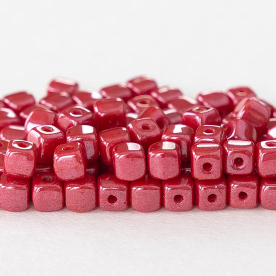 4mm Glass Cube Beads - Opaque Red with Pink Luster - 100 beads