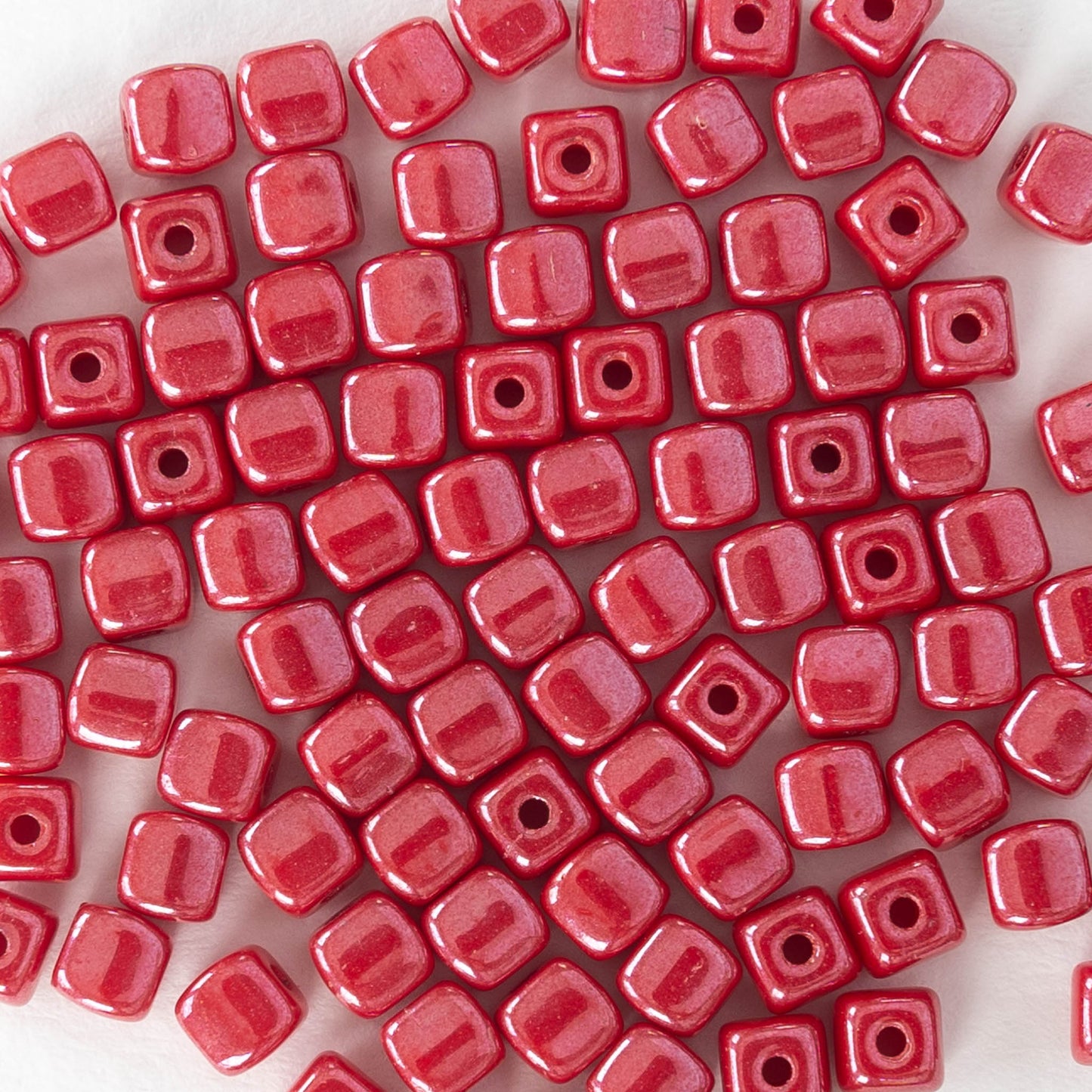 4mm Glass Cube Beads - Opaque Red with Pink Luster - 100 beads