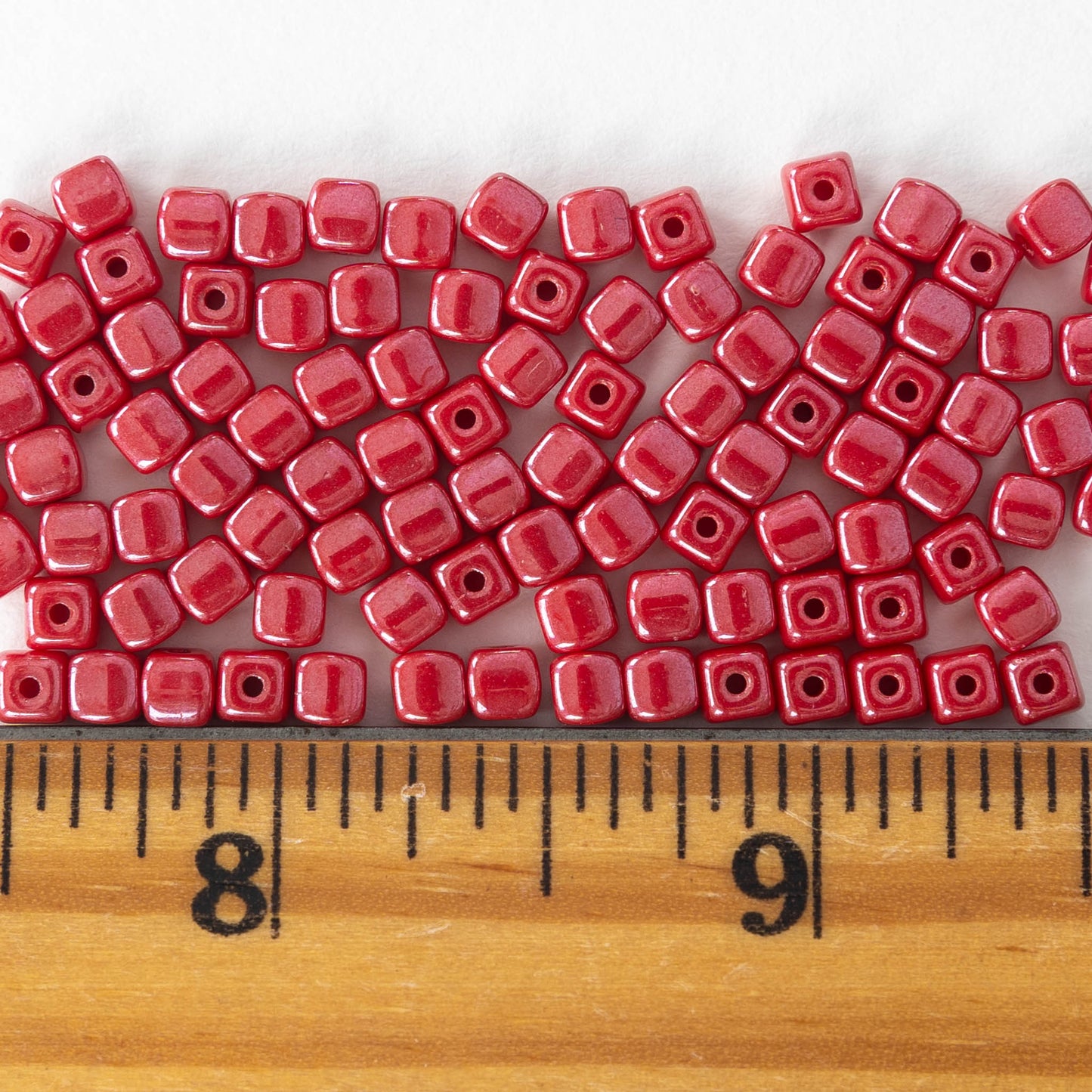 4mm Glass Cube Beads - Opaque Red with Pink Luster - 100 beads