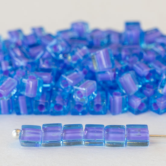 4mm Miyuki Cube Beads  - Lavender Lined Sapphire Blue - 20 or 30 grams