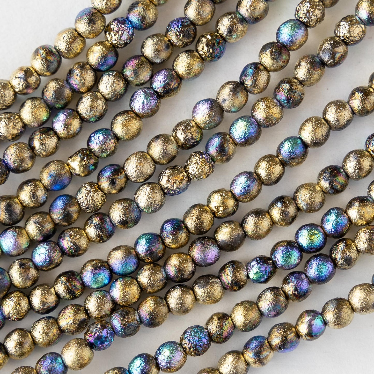 4mm Round Glass Beads - Etched Gold Ore AB - 50 Beads