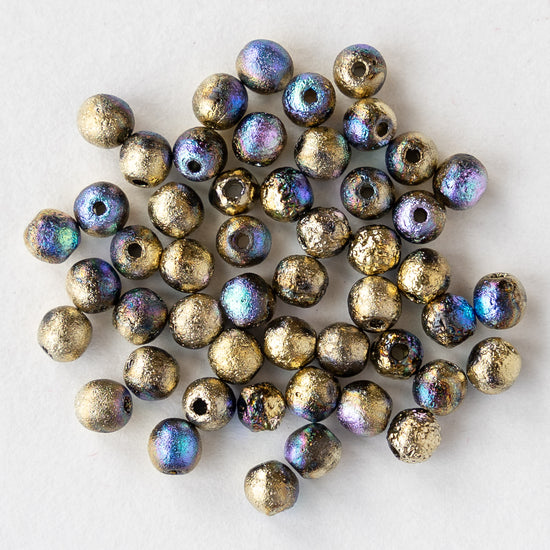 4mm Round Glass Beads - Etched Gold Ore AB - 50 Beads