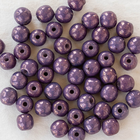 4mm Round Glass Beads -  Purple Pansy - 50 Beads