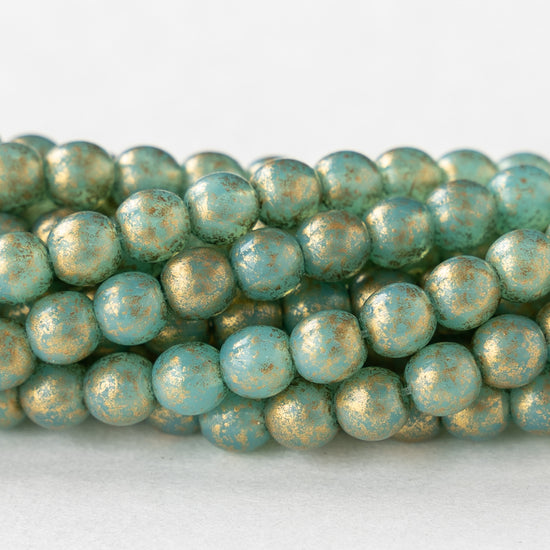 4mm Round Glass Beads - Seafoam Opaline with Gold Dust - 50 Beads