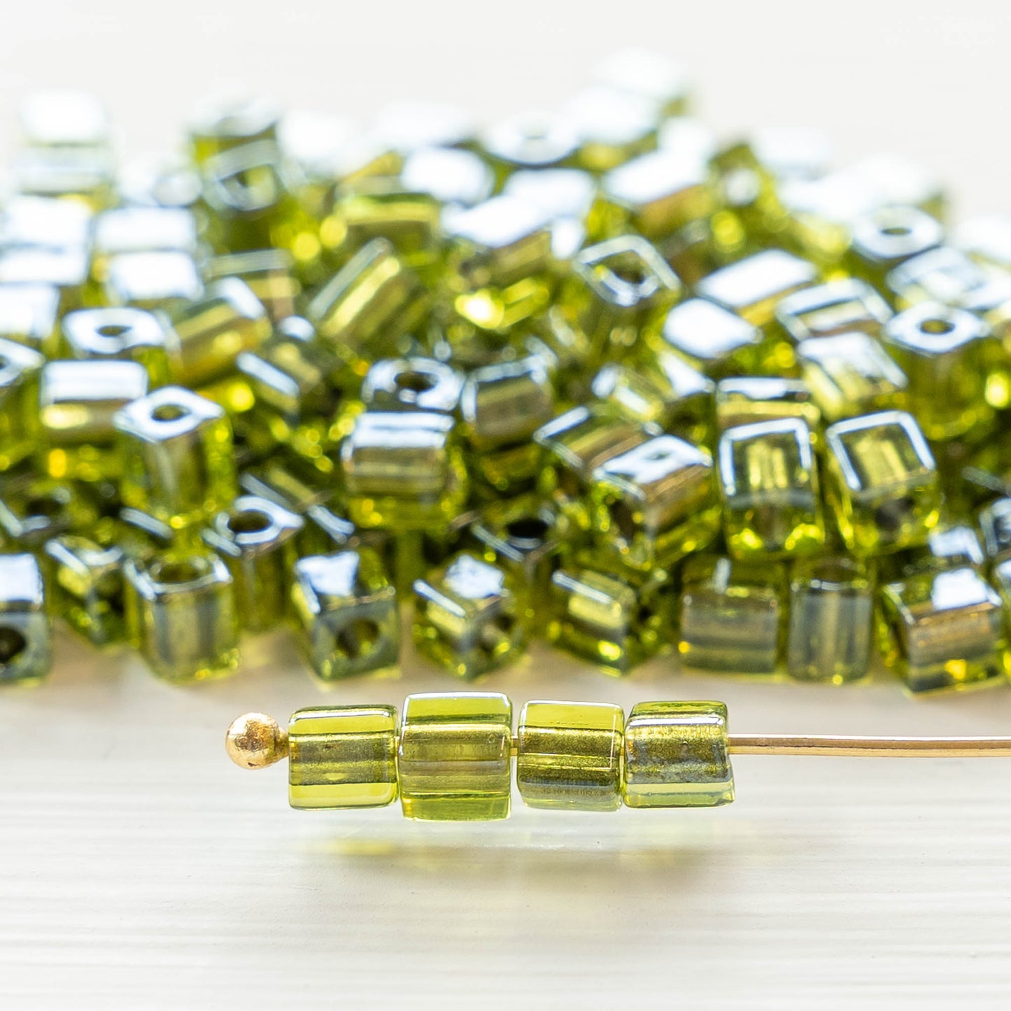 4mm Miyuki Cube Beads - Olive Lined Chartreuse - Choose Amount