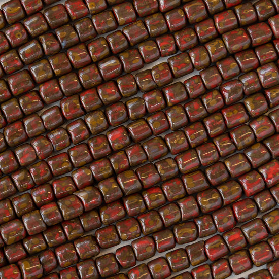 4x4mm Picasso Tube Beads - Dark Red Picasso - 20 inches