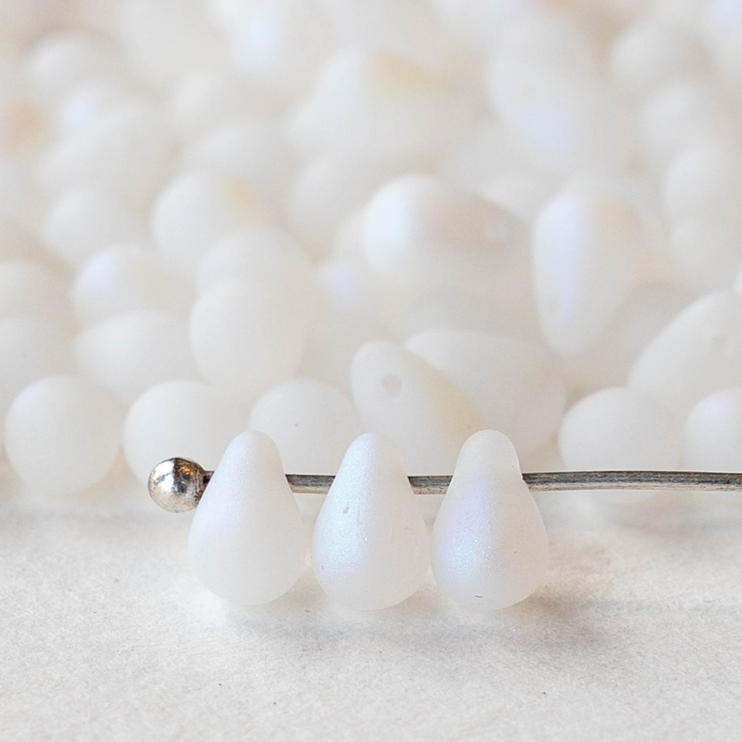 4x6mm Glass Teardrop Beads - White Matte AB - 100 Beads