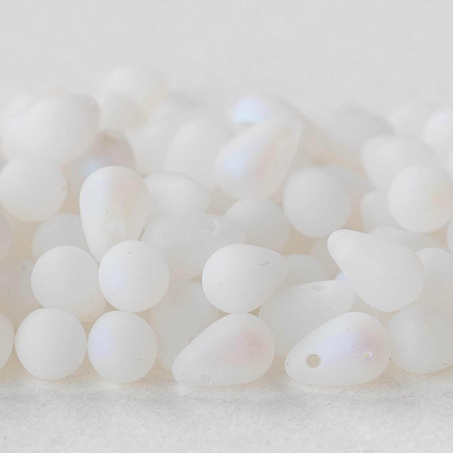 4x6mm Glass Teardrop Beads - White Matte AB - 100 Beads