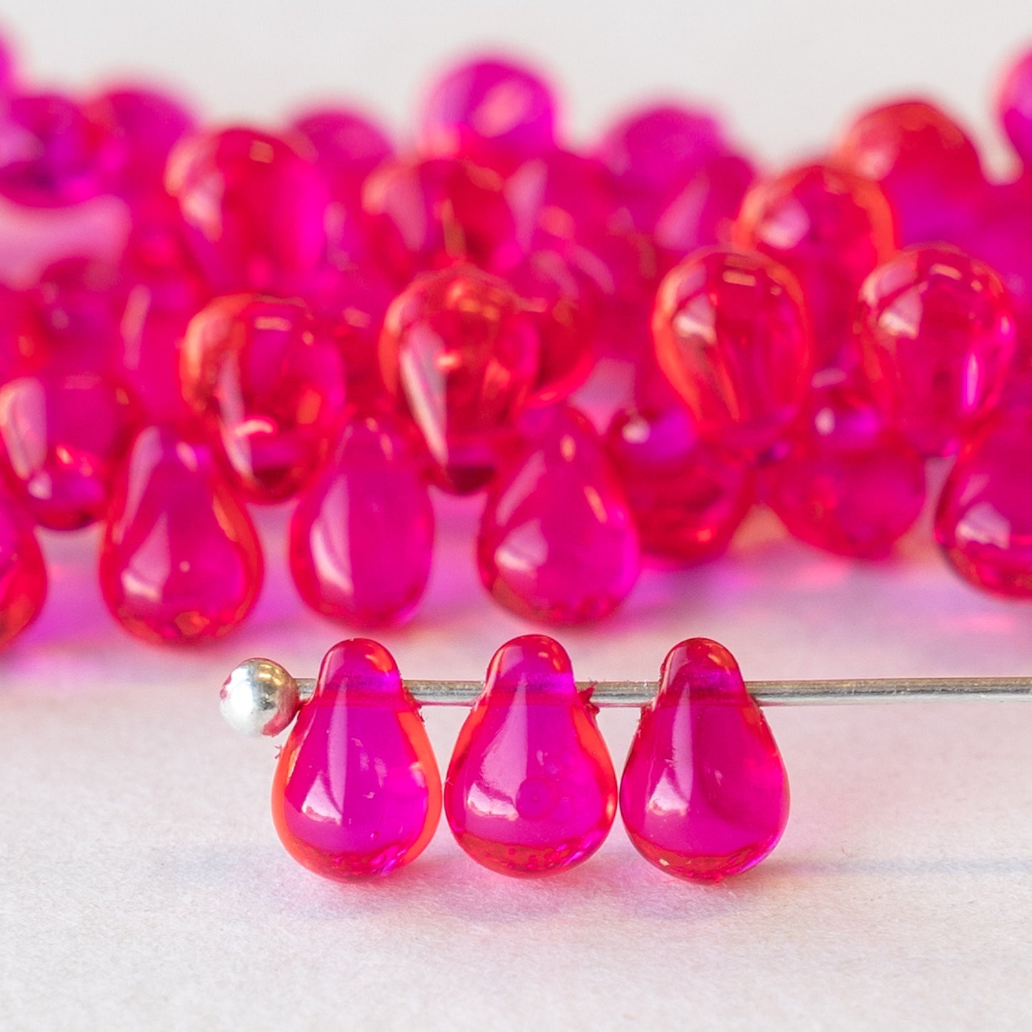 6x4mm Glass Teardrop Beads -  Hot Pink - 80 Beads