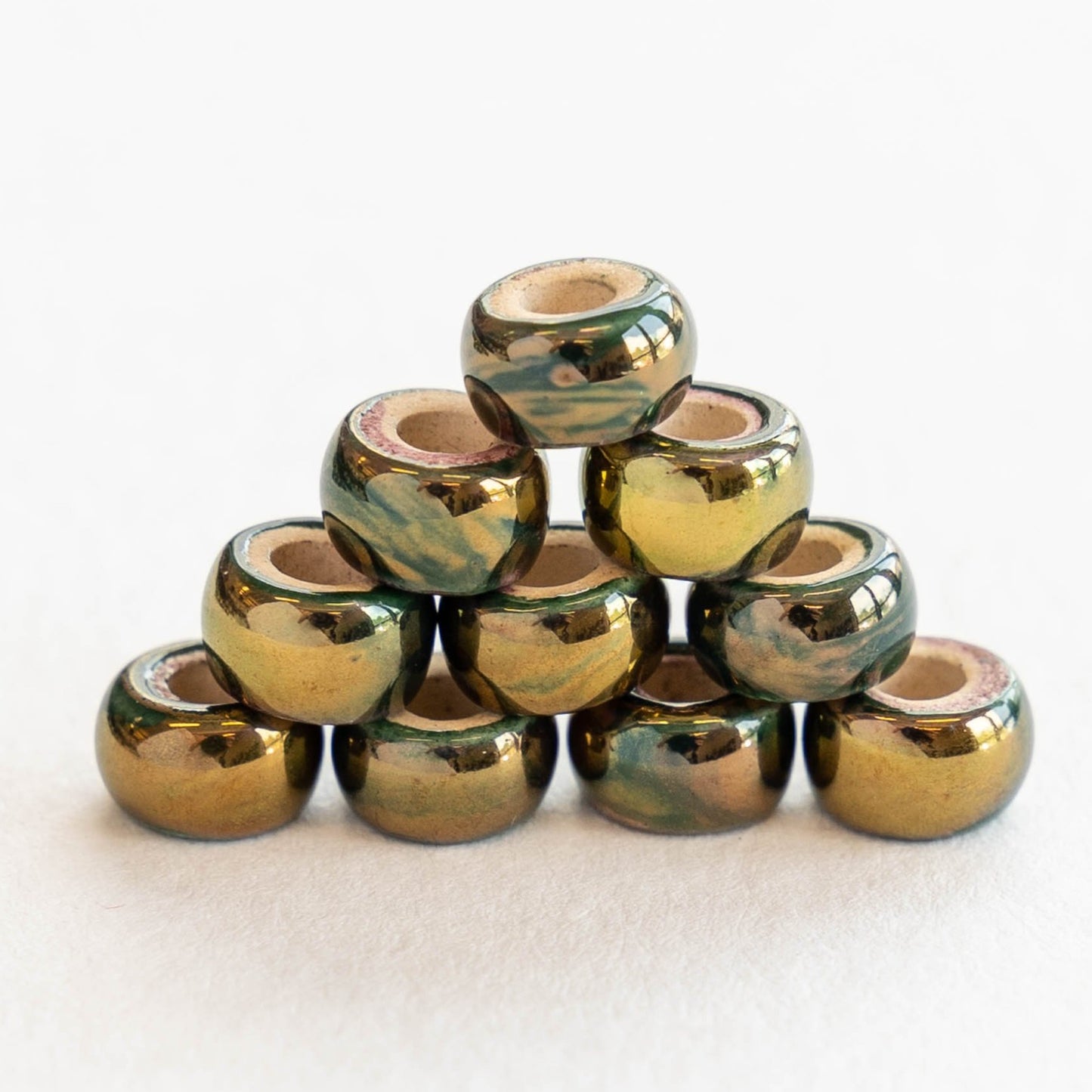 4x6mm Glazed Ceramic Tube Beads - Forest Green & Gold - 10 or 30